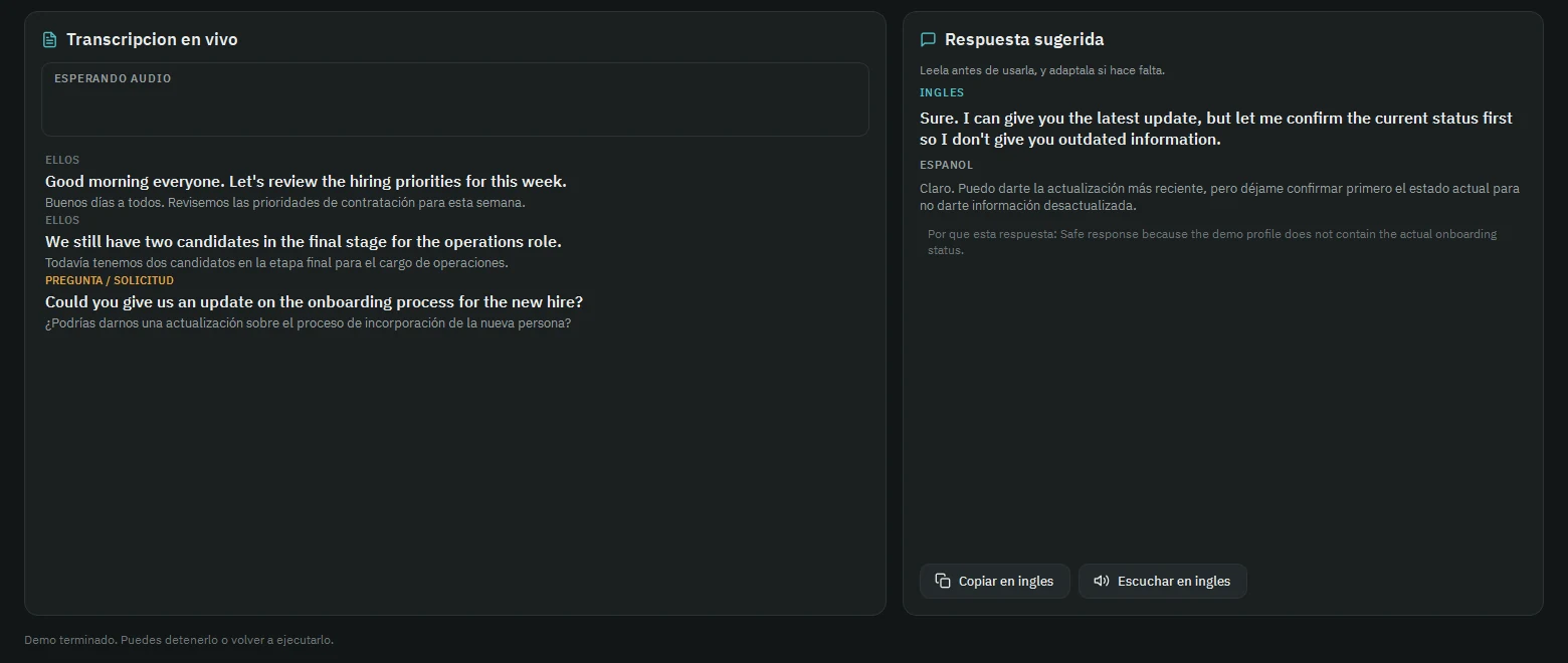 Copiloto main window with live transcription and suggested reply